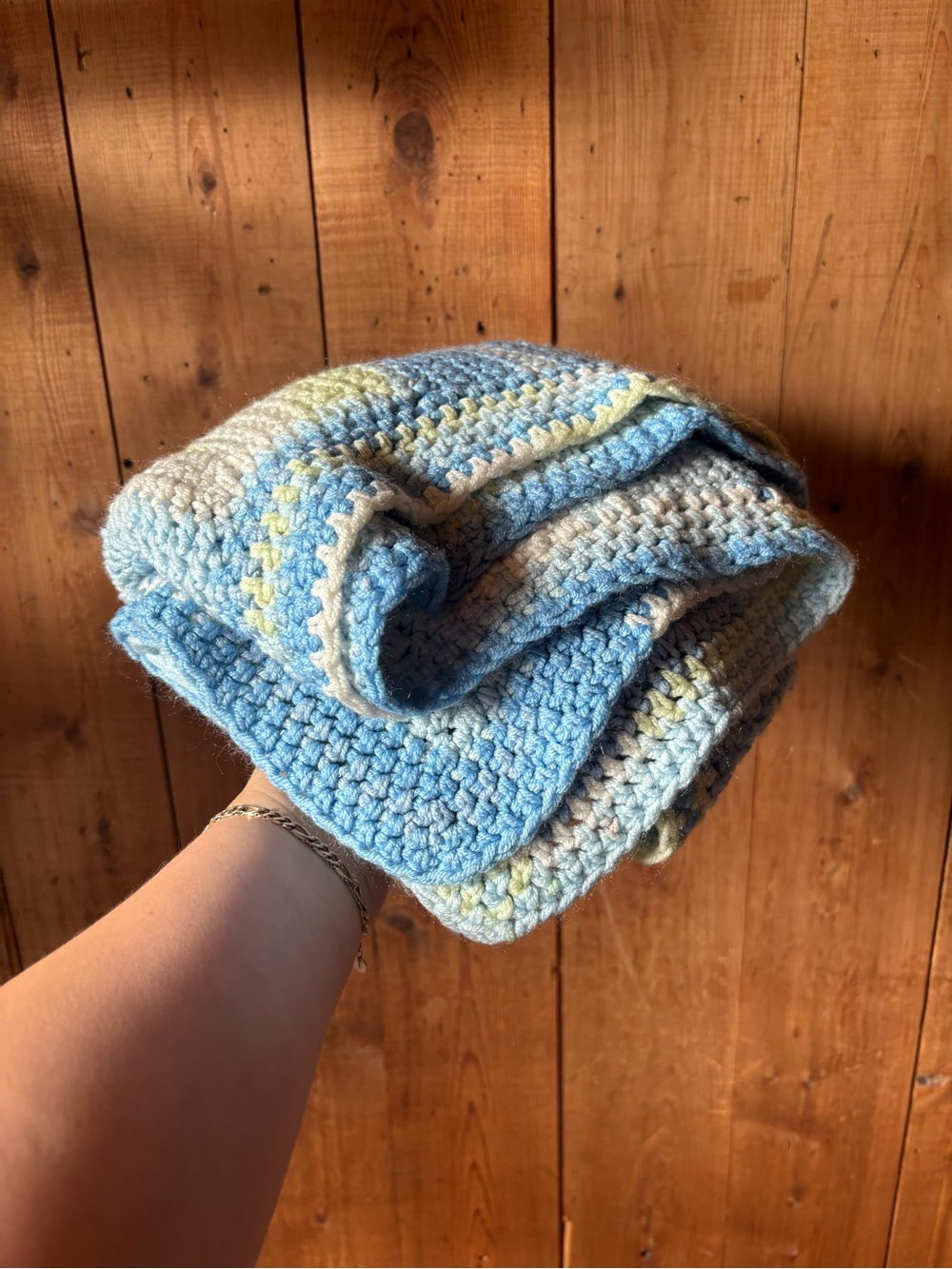 Handmade / Crochet Baby Blanket in Blue, Cream & Pale Green